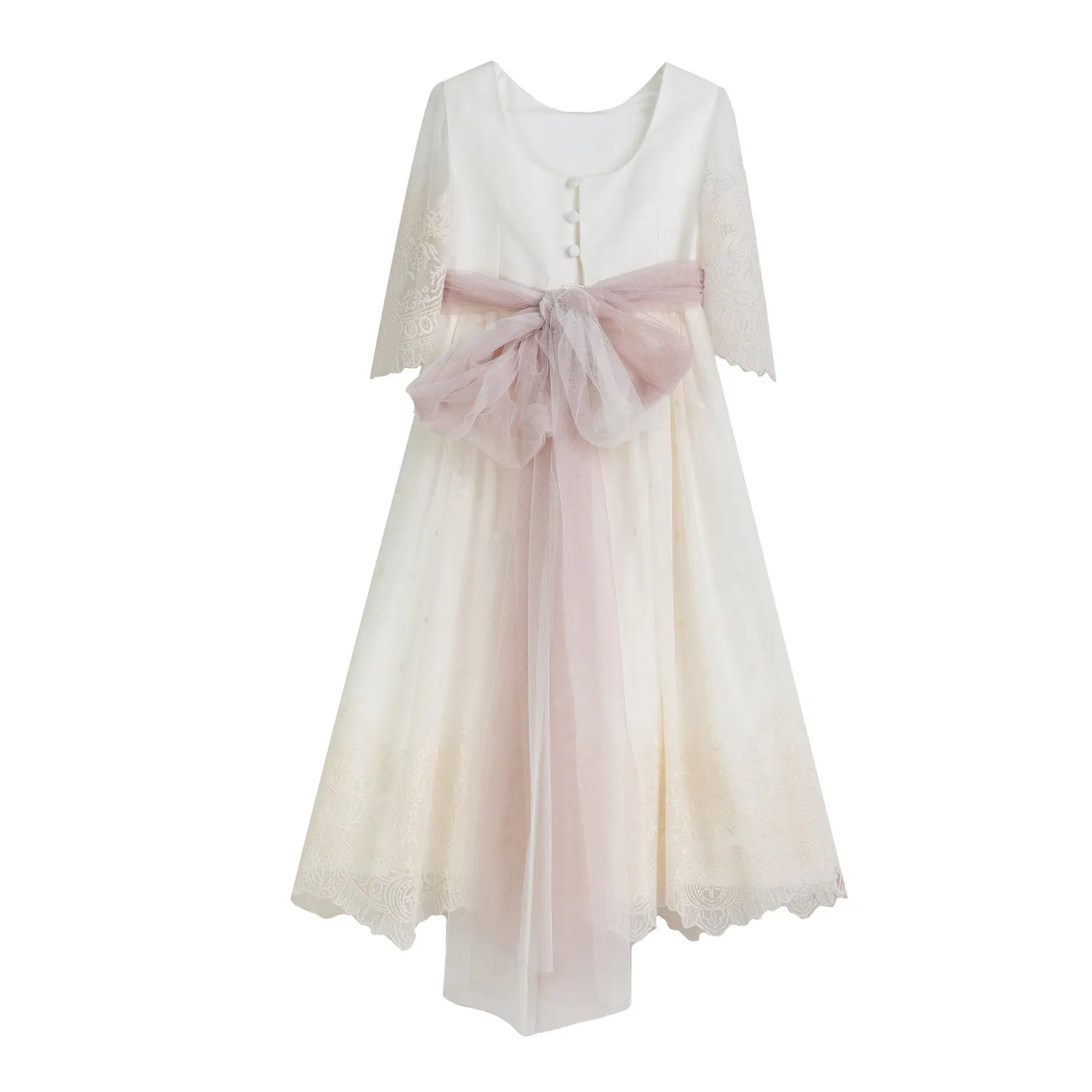 Abito Midi Bianco Con Cintura Tulle Rosa