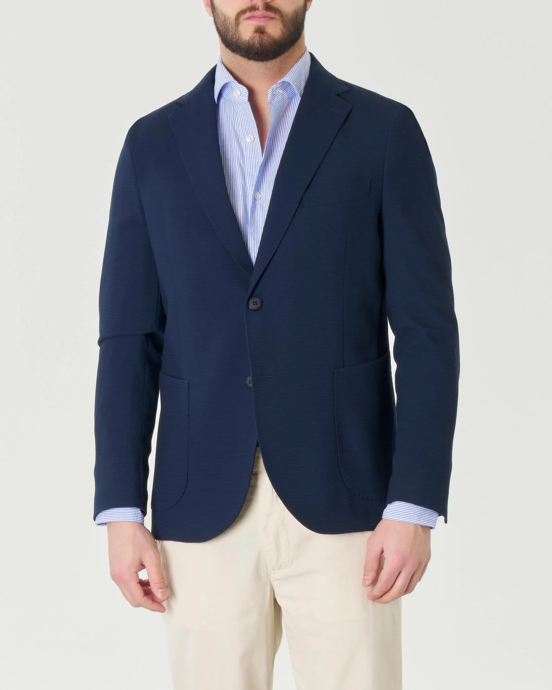 Blazer blu in jersey di viscosa con revers a lancia
