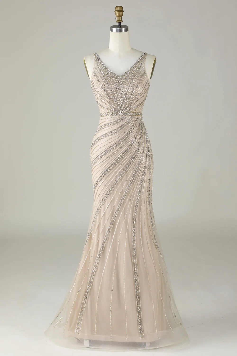 Sparkly Champagne Beaded Mermaid Long Prom Dress con Wrap