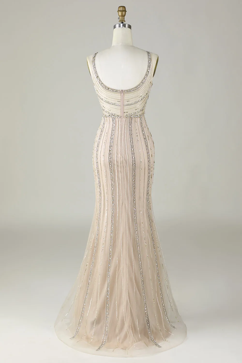 Sparkly Champagne Beaded Mermaid Long Prom Dress con Wrap
