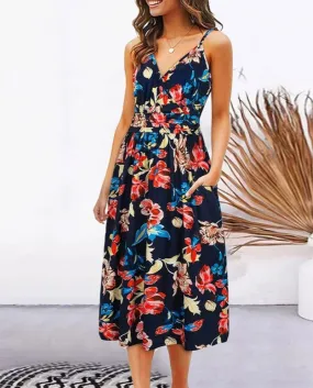 Summer Sleeveless Dress 2022 Summer Women Dress  V Neck Spaghetti Strap Floral Dress Beach Slip Long Dress Lady Vestidos