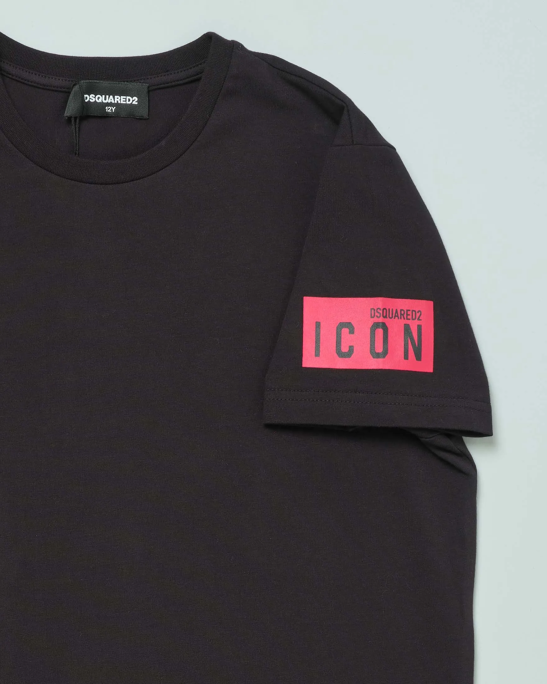 T-shirt nera in cotone stretch a mezza manica con stampa logo 'Icon' rossa 12-16 anni