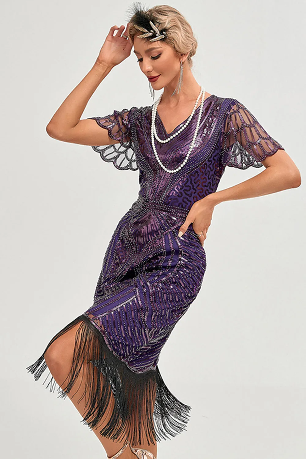 Viola scuro perline frange 1920s Dress con accessori Set